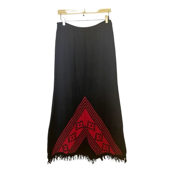 Double D Ranch Lambswool Southwest Print Fringe Maxi Skirt Sz XL Blk/Red